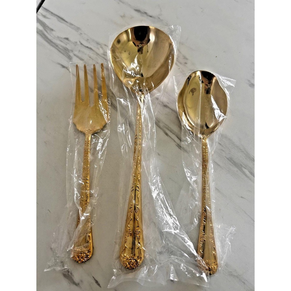 WM Rogers & Son Gold Tone Serving Spoon Meat Fork Soup Ladle Enchanted Rose A